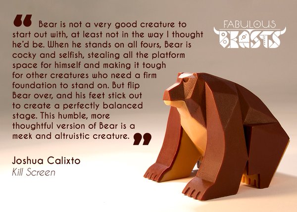 "flip Bear over and his feet create a perfectly balanced stage" - Joshua Calixto from Kill Screen on the Bear stacking piece from Beasts of Balance