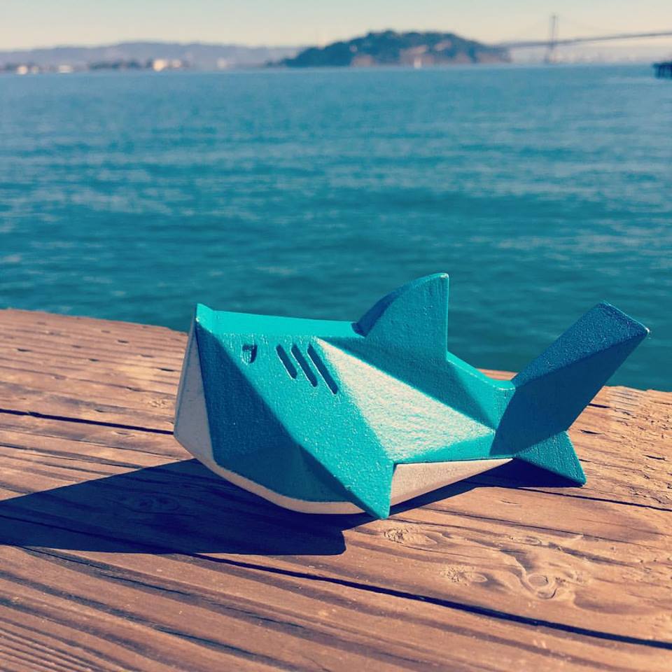 Shark from Beasts of Balance tabletop stacking game sunning himself in San Francisco